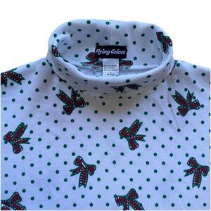 Vintage Polka Dot Christmas Turtleneck Ribbon Bow Flying Colors Large Y2K White